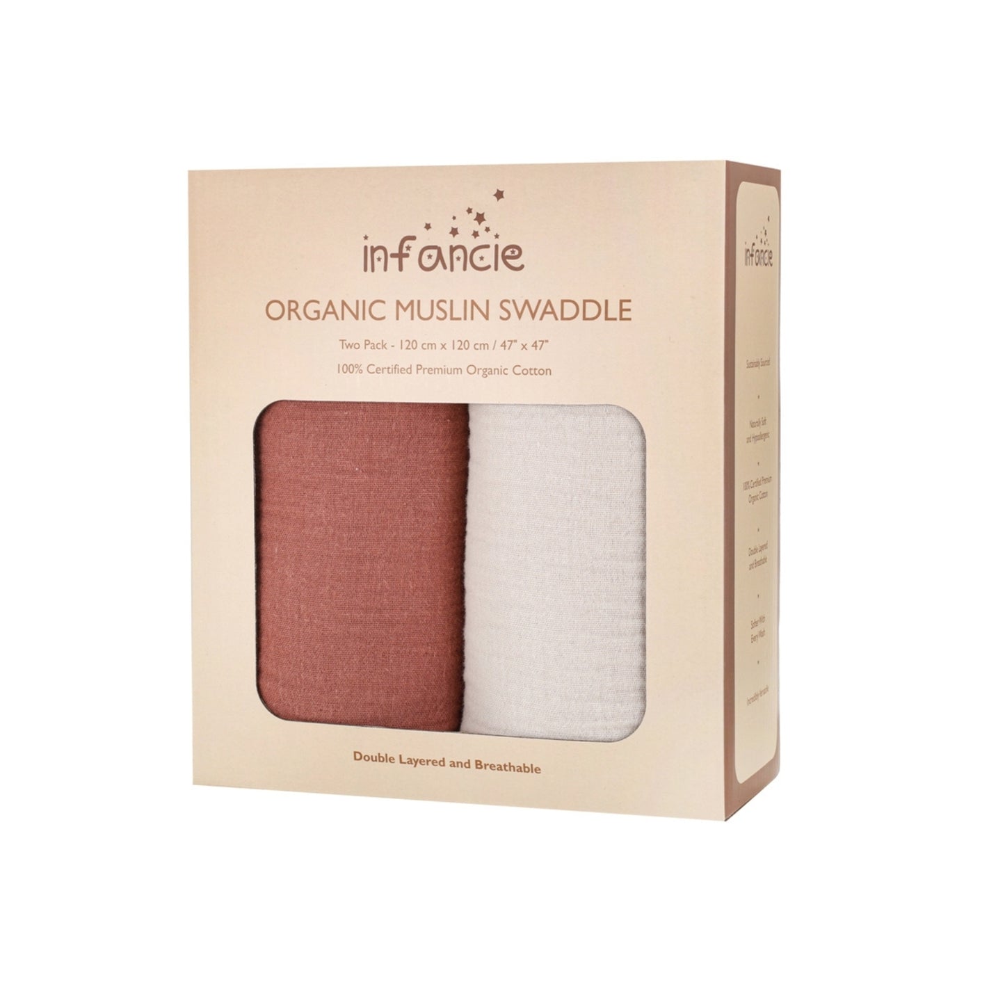 INFANCIE 2-Pc OrganicCotton Baby Muslin Blanket Gift Set (Caramel & Cream)