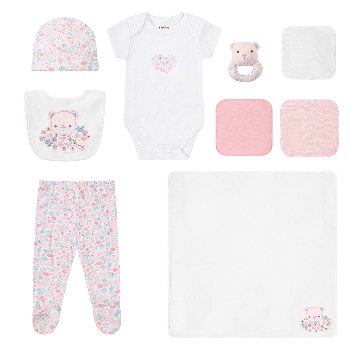 INFANCIE 10-Pc Essential Layette Gift Set (Pink Flora Bear)