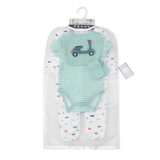 MOTHER'S CHOICE 5-Pc Baby  Grower, Bodysuit, Bib, Hat & Mittens Layette Gift Set (Green Tractor)