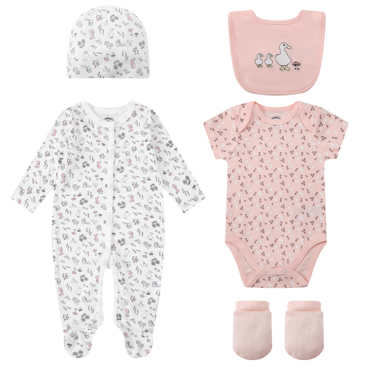 MOTHER'S CHOICE 5-Pc Baby  Grower, Bodysuit, Bib, Hat & Mittens Layette Gift Set (Pink Ducks)