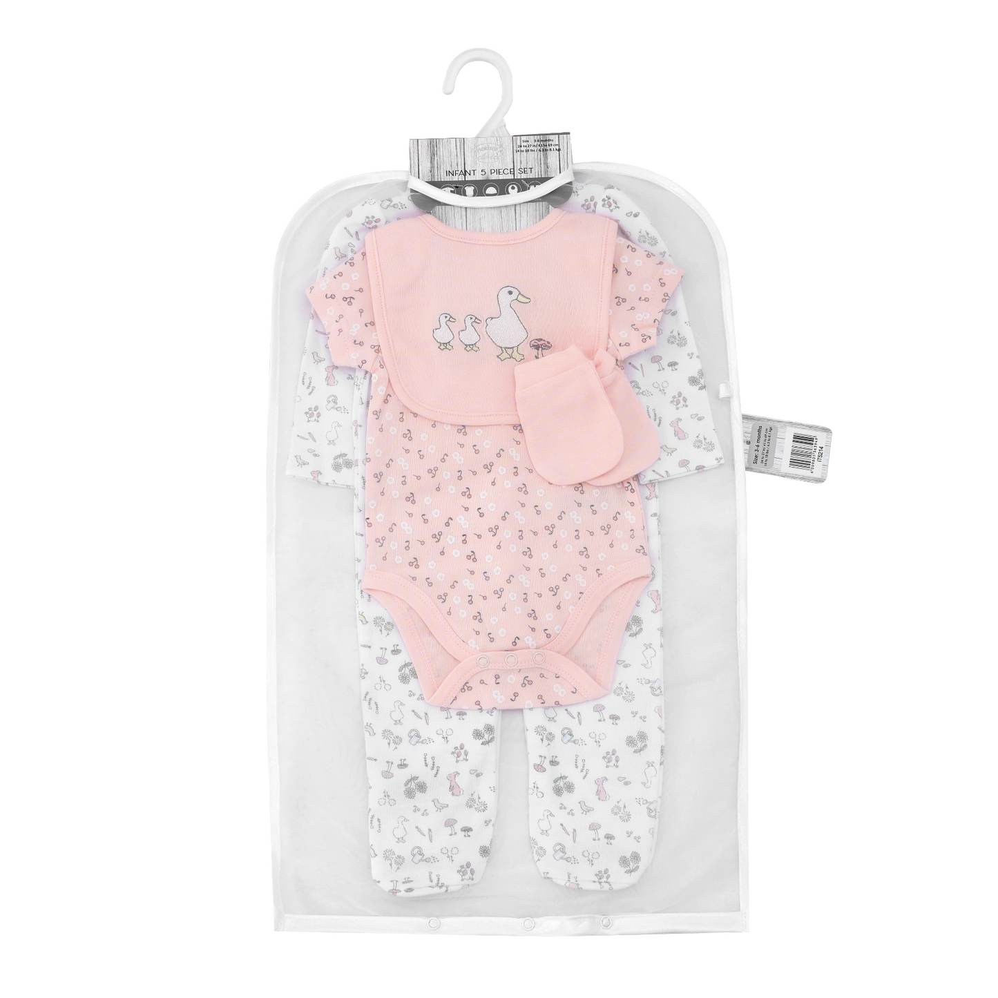 MOTHER'S CHOICE 5-Pc Baby  Grower, Bodysuit, Bib, Hat & Mittens Layette Gift Set (Pink Ducks)