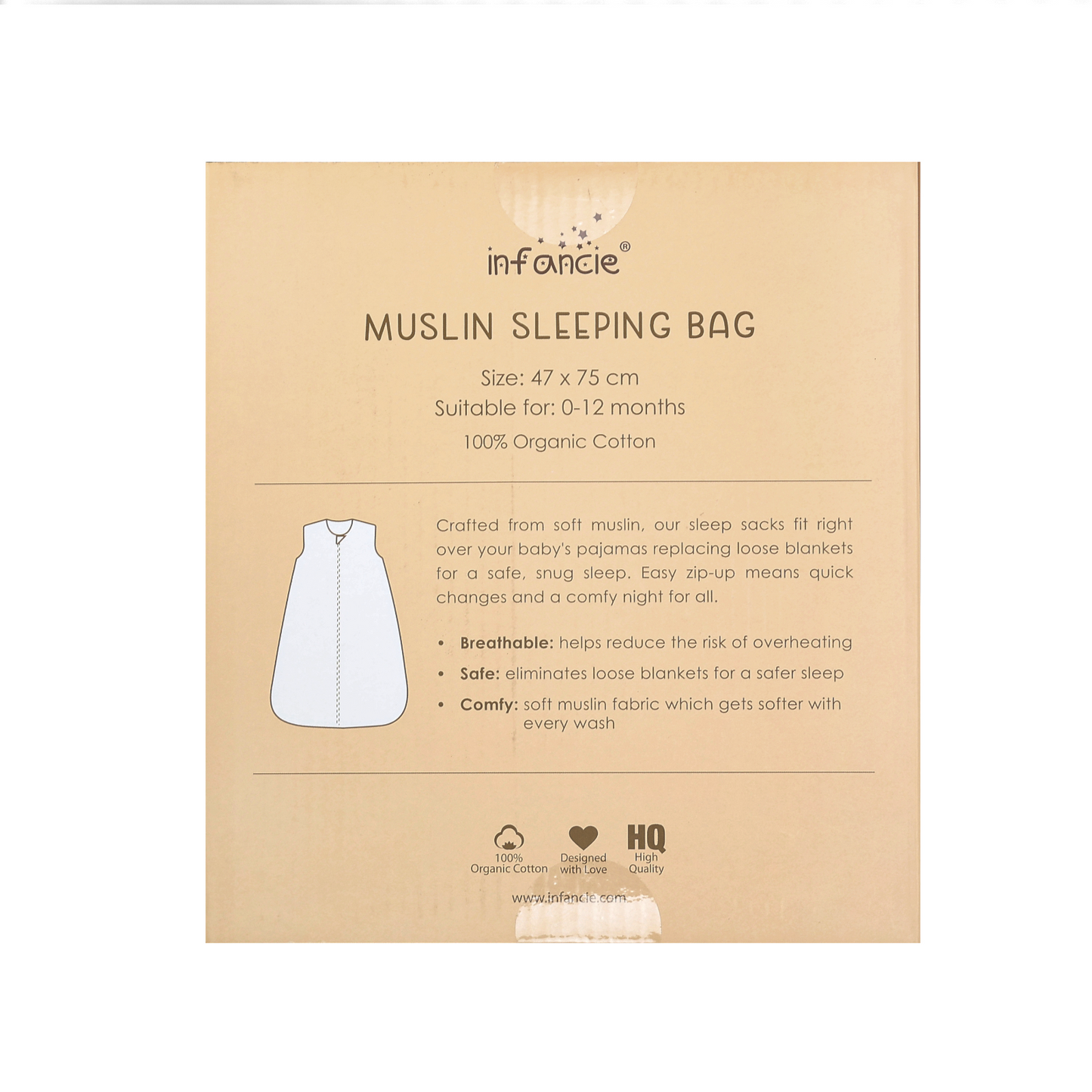 INFANCIE Organic Cotton Baby Muslin Sleep Sack (Taupe)