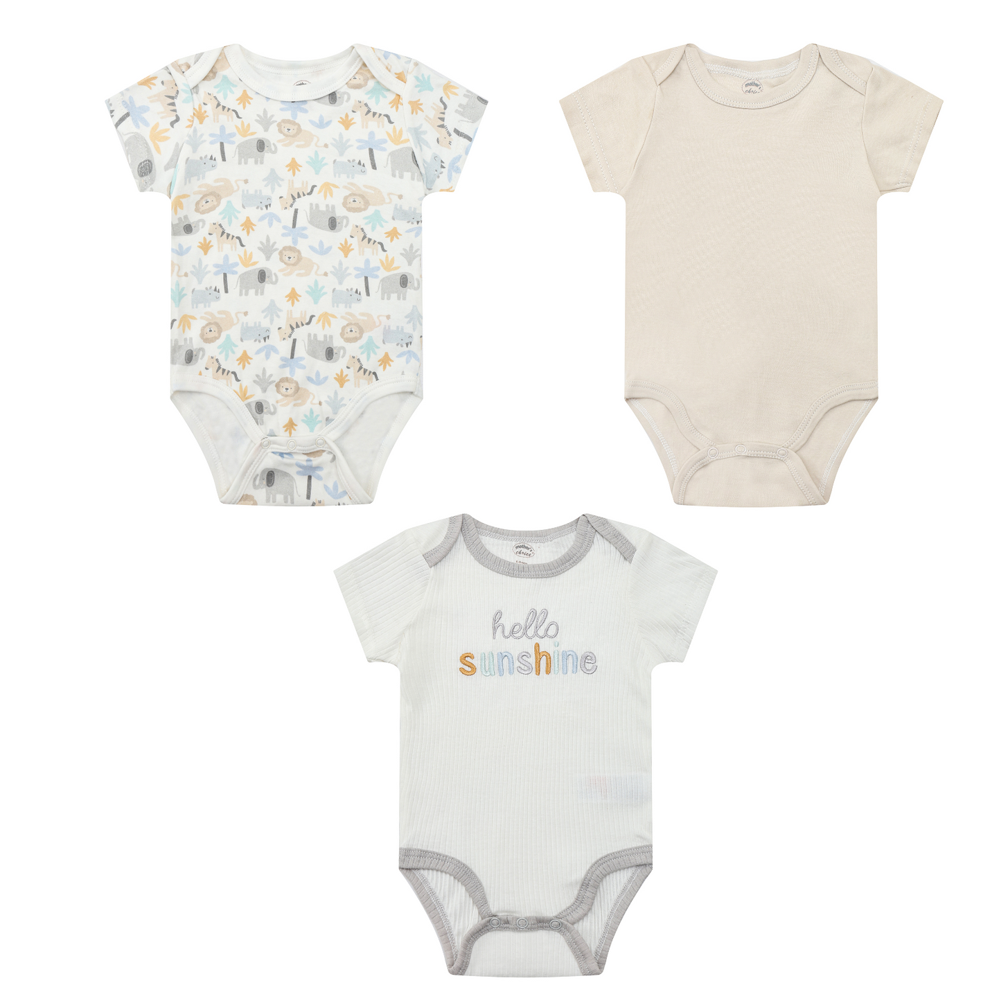 MOTHER'S CHOICE 3-Pc 100% Cotton Short-Sleeved Baby Bodysuit (Hello Sunshine/ Safari)