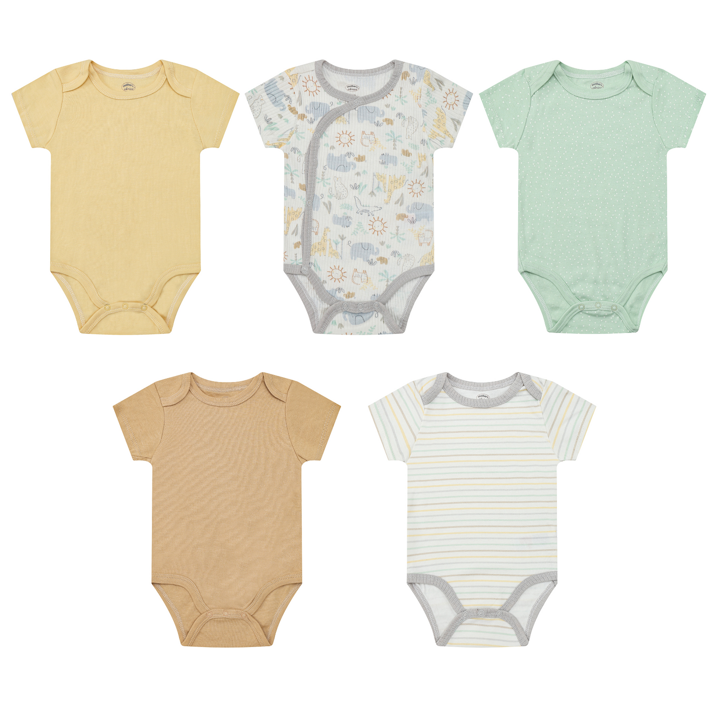 MOTHER'S CHOICE 5-Pc 100% Cotton Short-Sleeved Baby Bodysuit (Green/Yellow Safari)