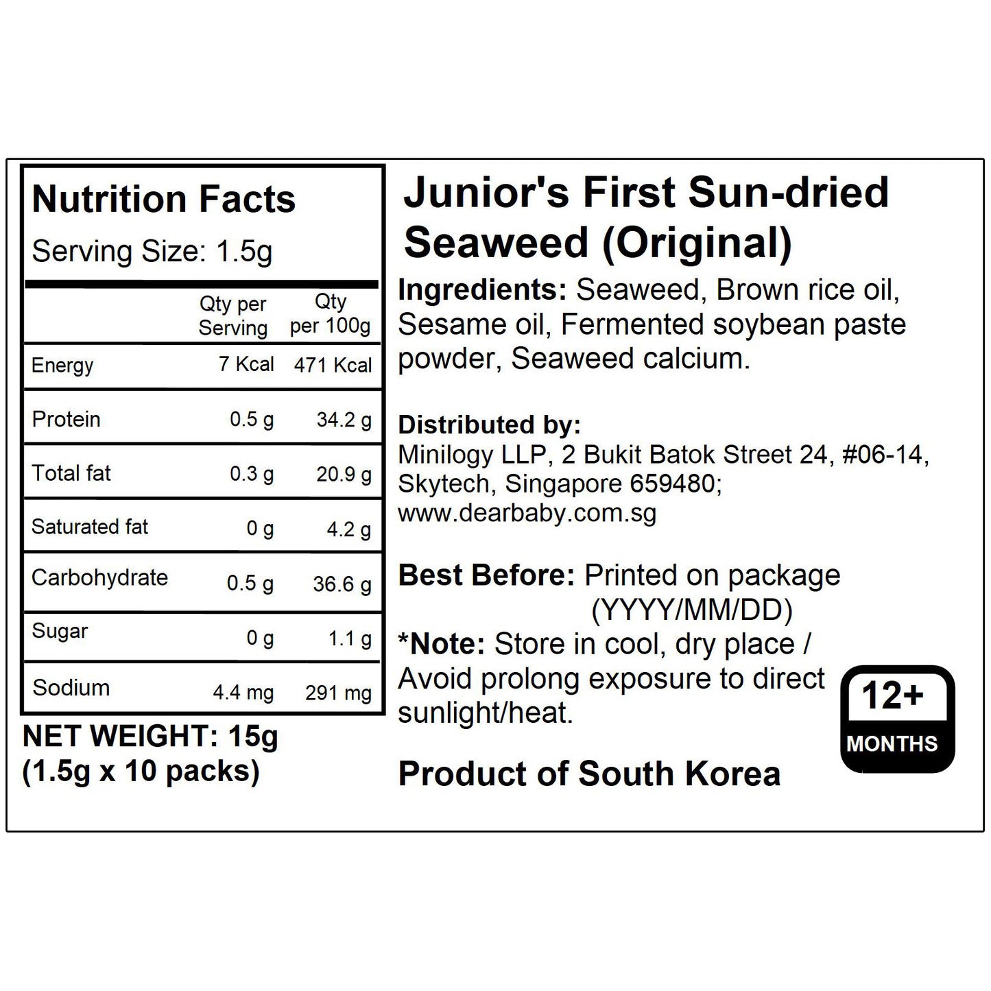 BeBecook - 12-Pk Junior's First Sun-Dried Seaweed (Original) 10 x 1.5g