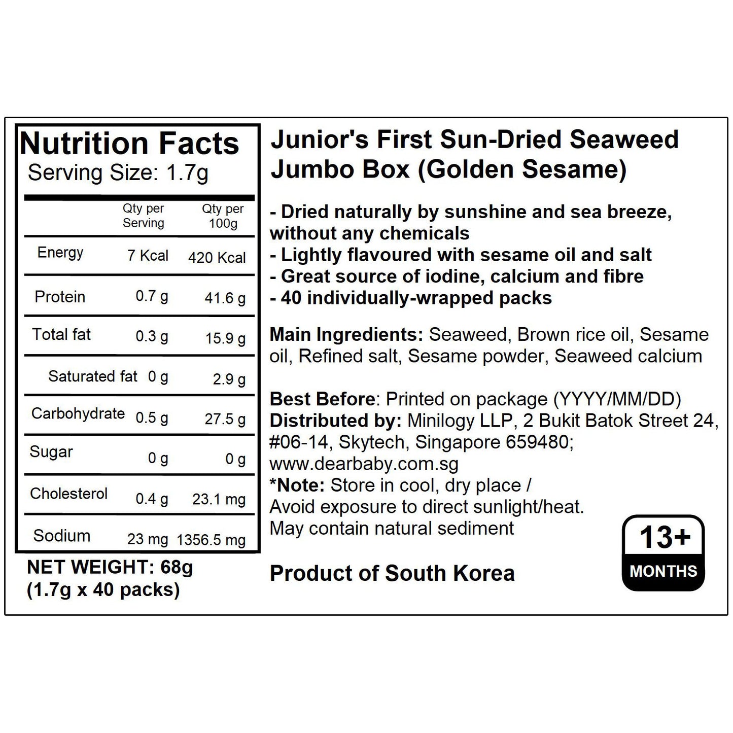 BeBecook - Junior's First Sun-Dried Seaweed (Golden Sesame) 20 x 1.7g