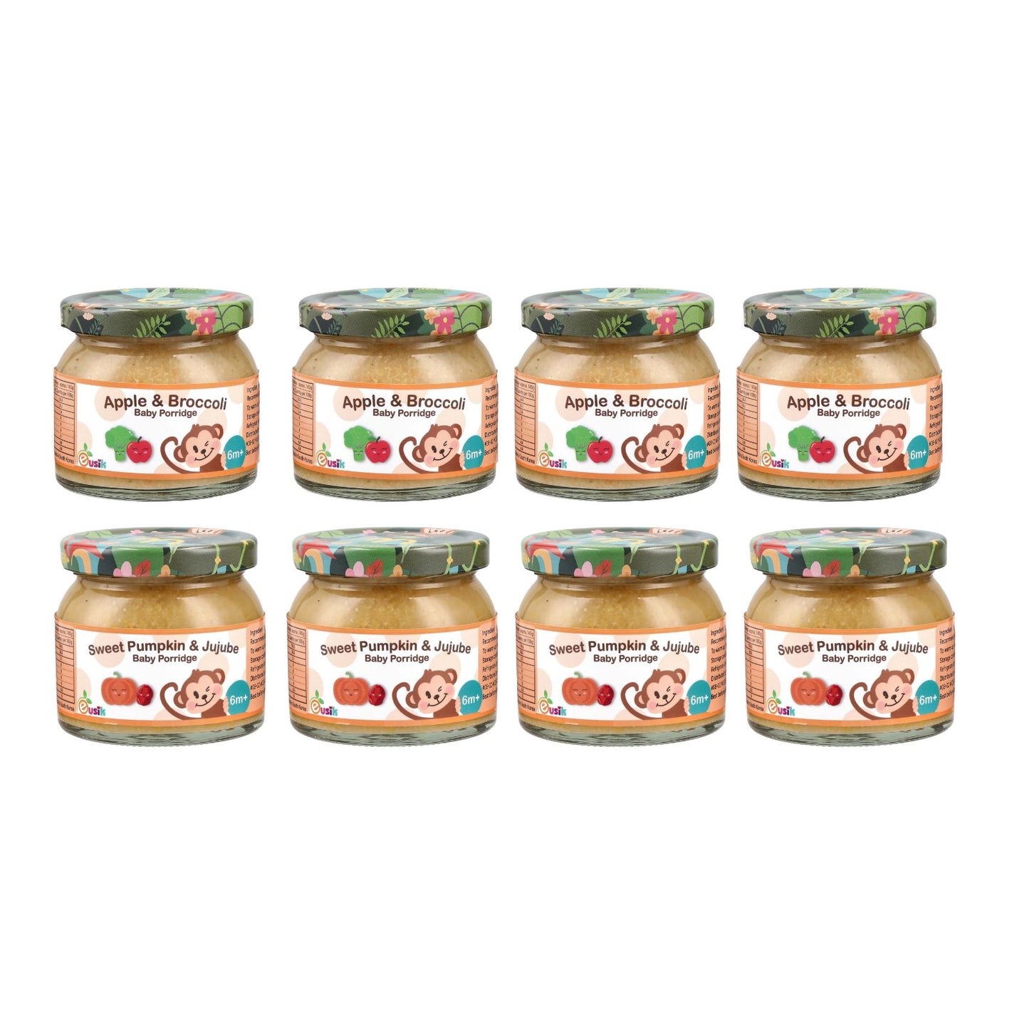 Eusik - 8-Pk Baby Rice Porridge Bundle For 6 Months+ (4 x Apple Broccoli 4 x Sweet Pumpkin Jujube)